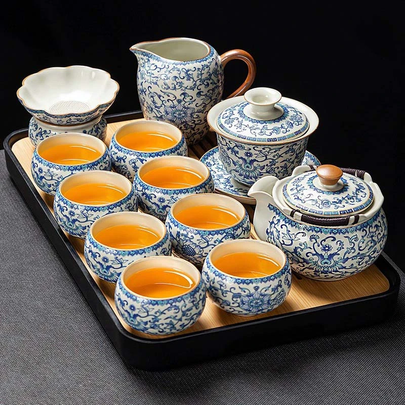 汝窑功夫茶具套装家用青花办公室高档轻奢手抓盖碗泡茶壶茶杯整套