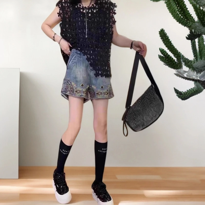 夏季新款大码百搭宽松窄版阔腿裤女高腰显瘦重工a字刺绣牛仔短裤