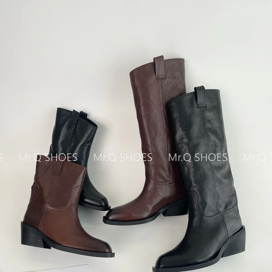 34-40码/跟高5.5cm/黑棕/气质方头水洗牛皮粗跟直筒骑士靴