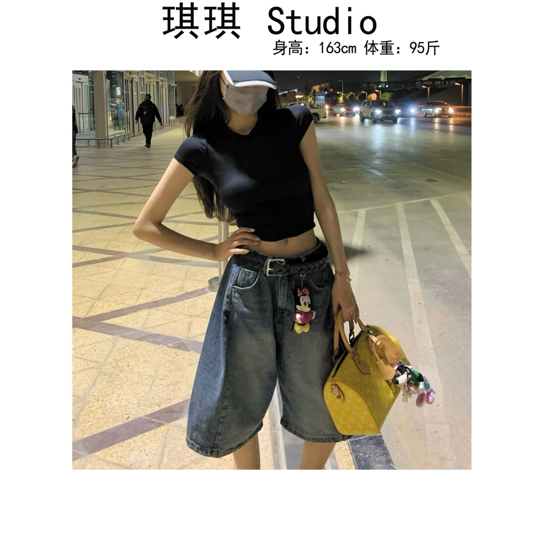 《琪琪家》夏季新款潮流气质时尚带腰带显瘦减龄五分牛仔裤1175-Y