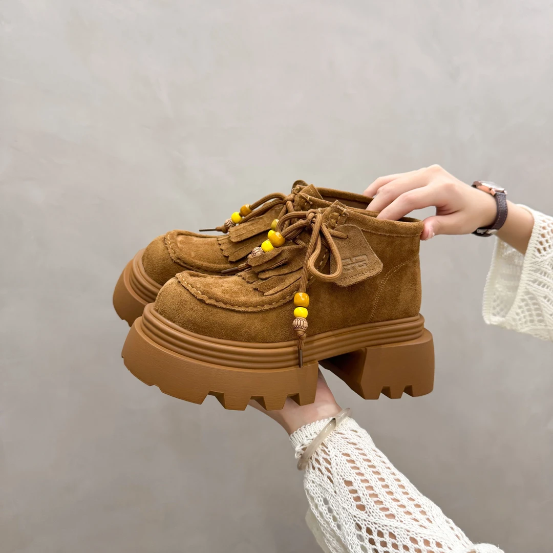 磨砂皮厚底小短靴女2025秋季爆款小个子增高工装靴时尚潮酷马丁靴