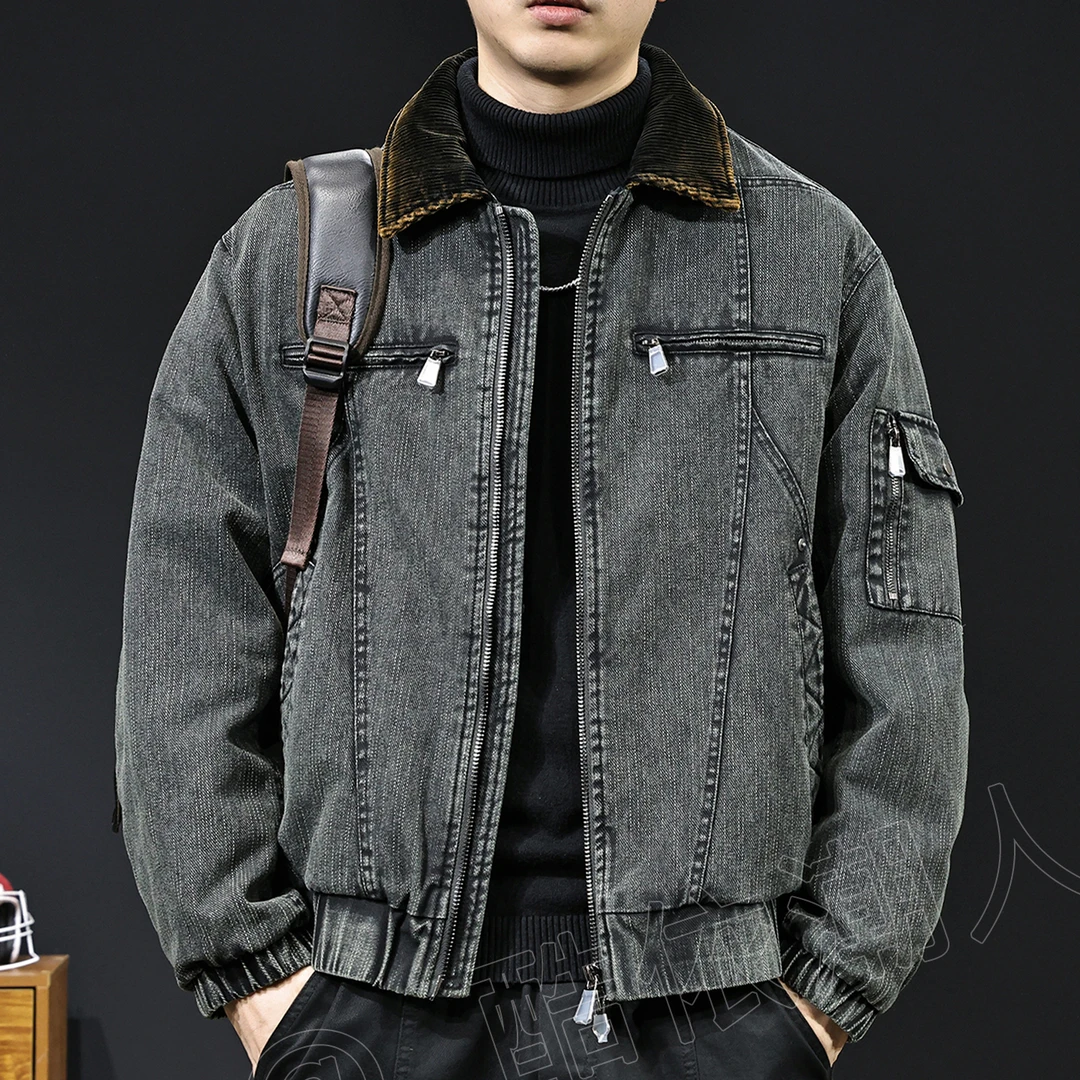 LEIGHZ/雷茨复古工装风翻领牛仔羽绒服男冬季多口袋夹克外套