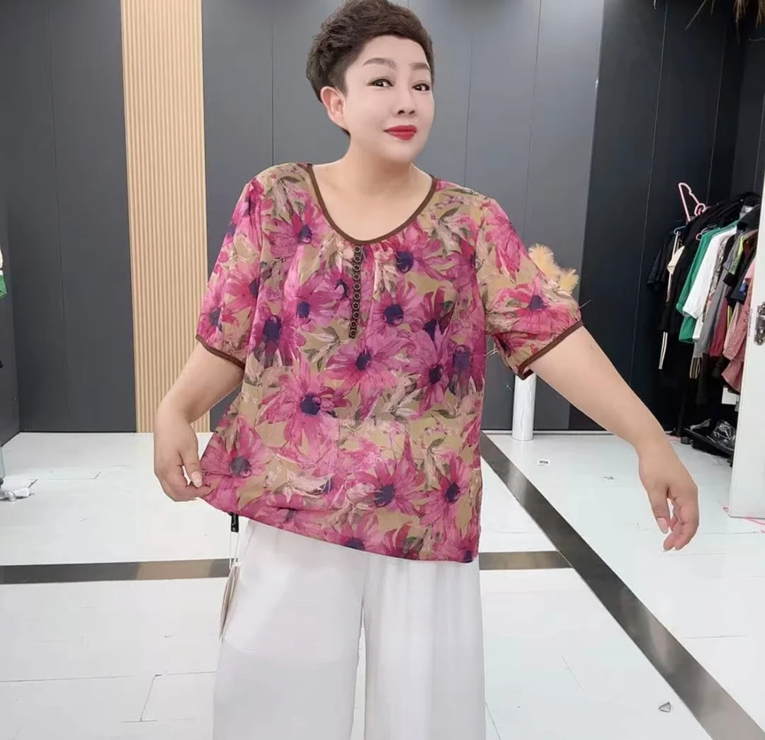 3114大码薄款V领洋气百搭碎花宽松半袖衫