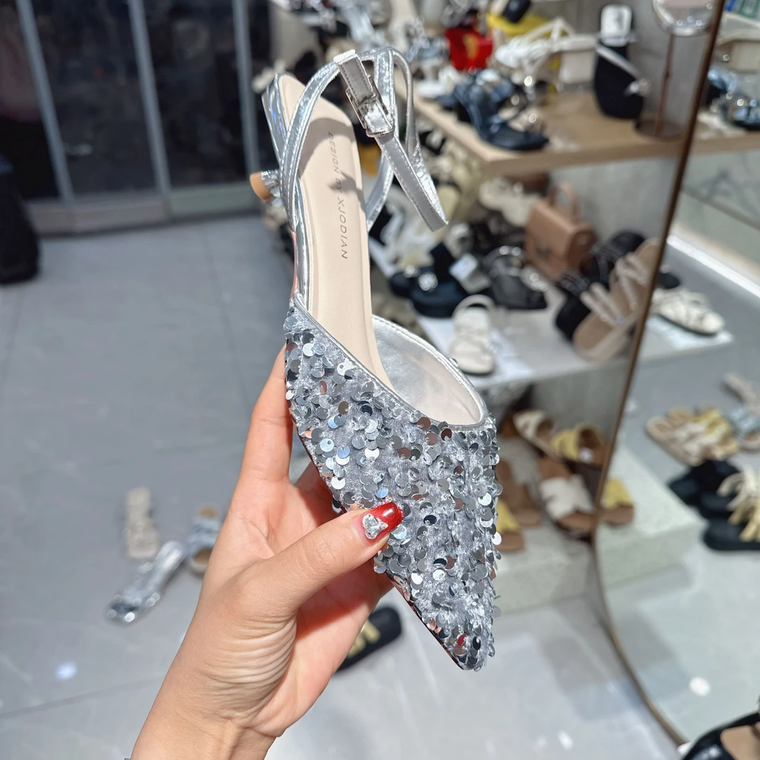 86165夏季2025一字女凉鞋低跟拖鞋亮片半托仙女风气质配裙子单鞋