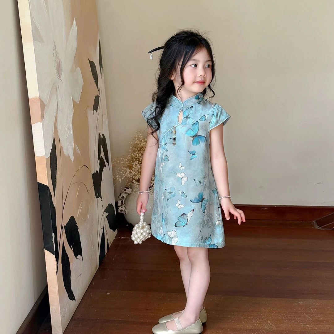 新中式女童儿童旗袍2025夏薄款小女孩日常可穿裙子蓝色蝴蝶连衣裙