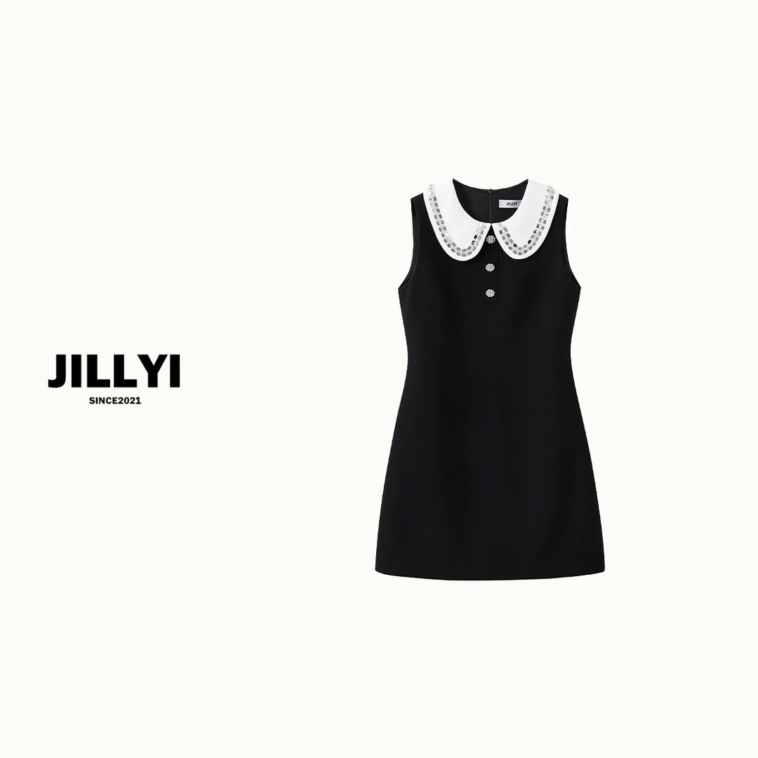 JILLYI【温柔狙击】黑白拼色三粒珍珠扣无袖时尚连衣裙气质百搭