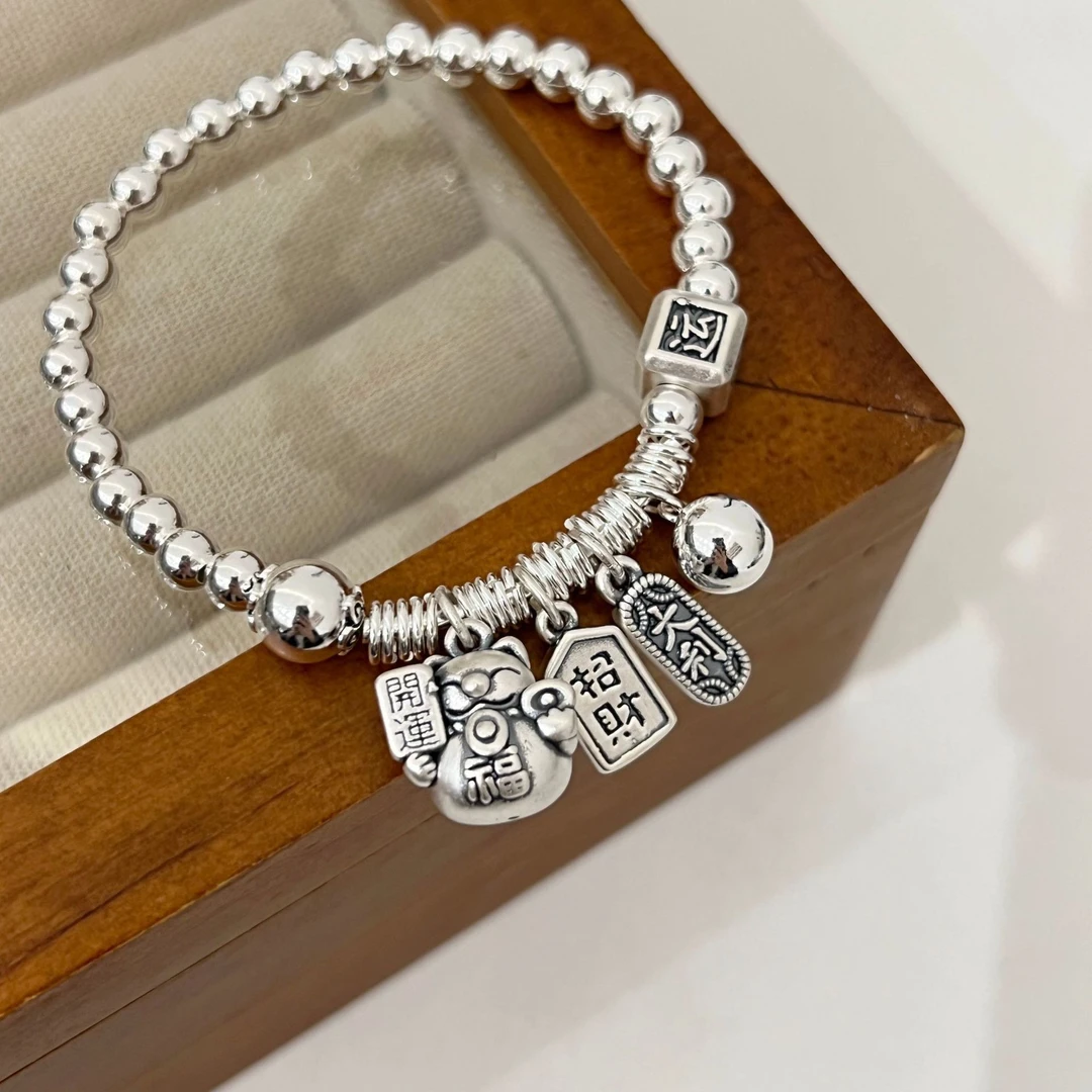 铜合金手链 招财猫圆牌平安喜乐福字圆珠弹力单圈百搭小众高级潮