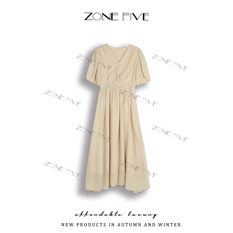 【zonefive】弥语轻纱V领细闪设计掐腰显瘦温柔知性连衣裙
