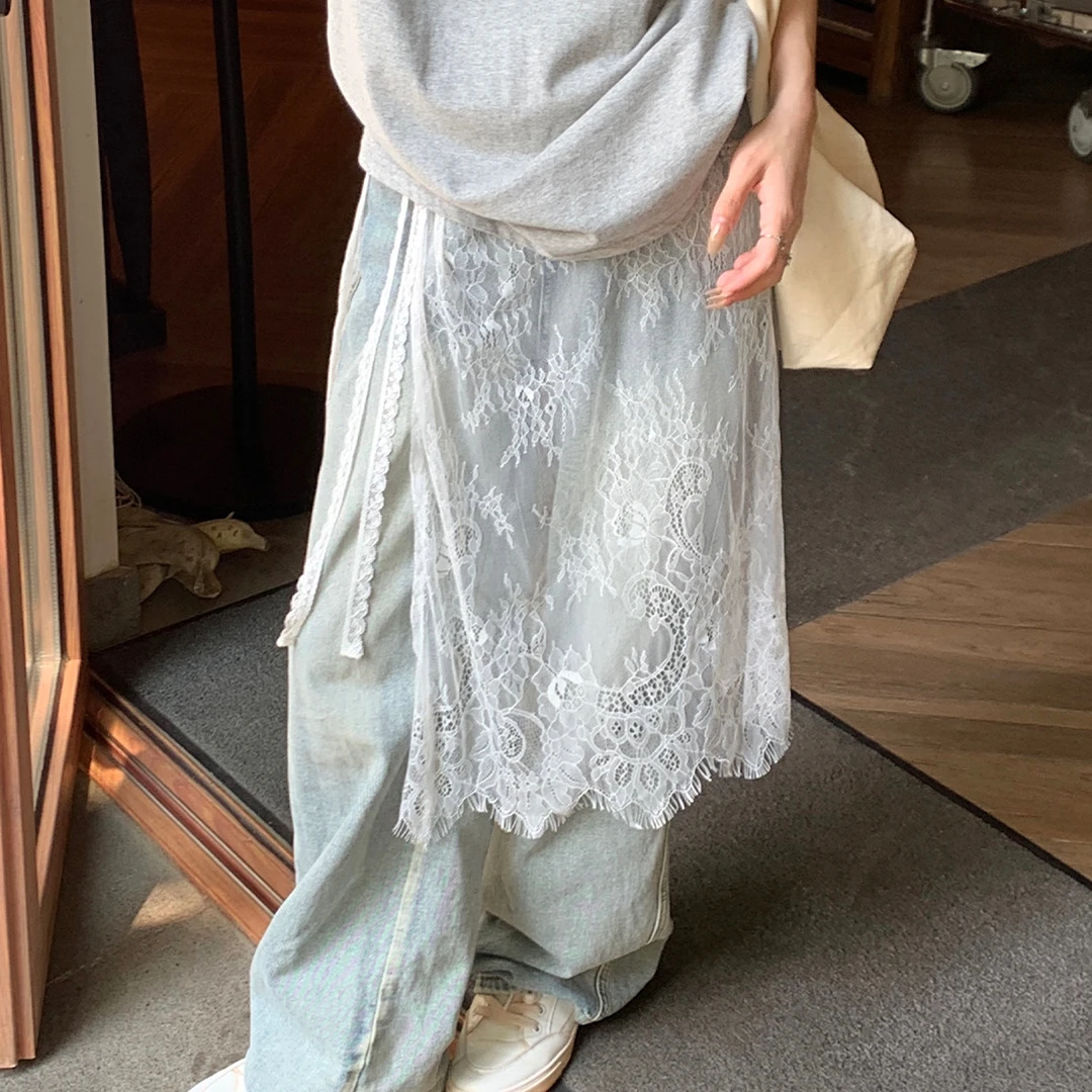 春夏新品小众设计叠穿罩裙蕾丝屁帘女百搭系绳围裙时尚夏季半身裙