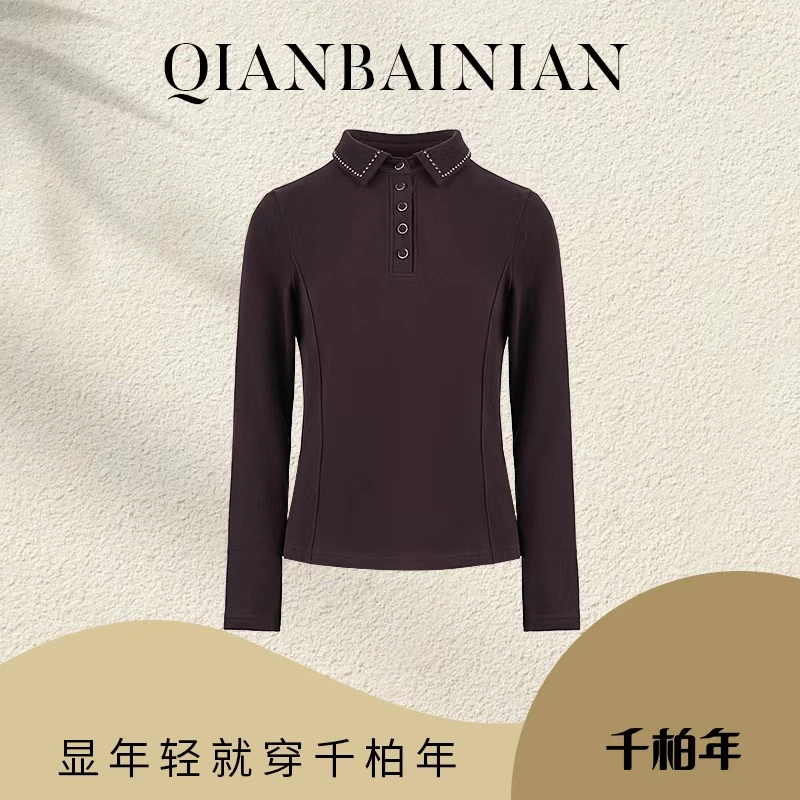 千柏年【星钻暖绒】时尚加绒软糯亲肤Polo领简约百搭T恤-C4383