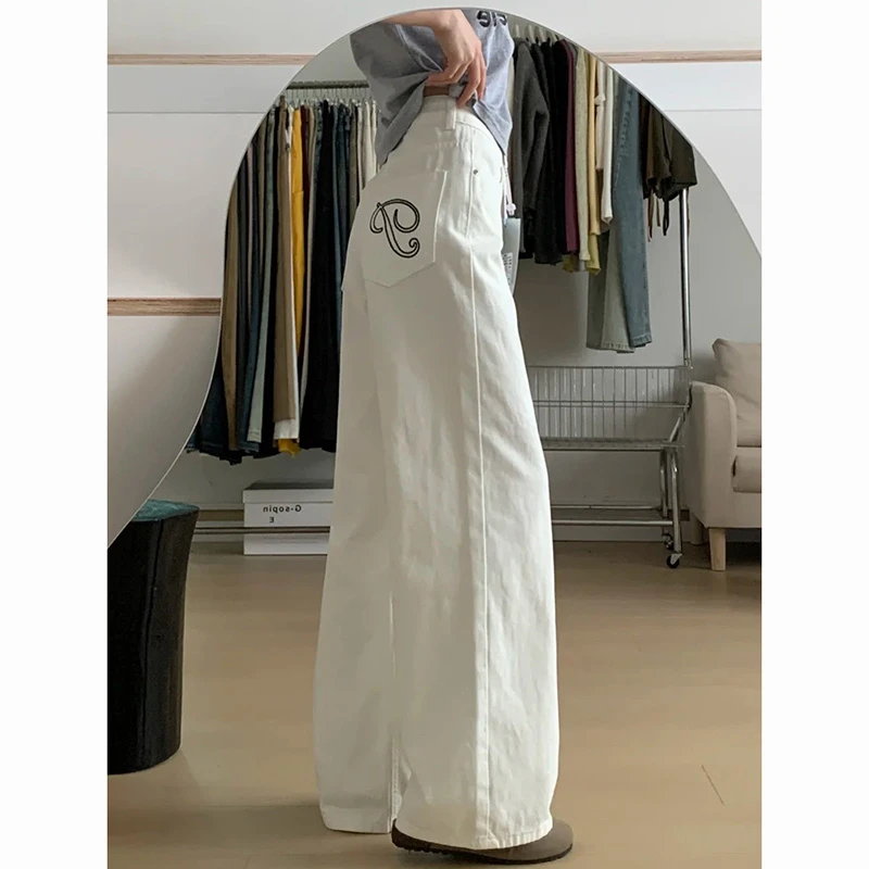 纯白高腰刺绣阔腿牛仔裤女2025秋季新款设计感宽松显瘦百搭拖地裤