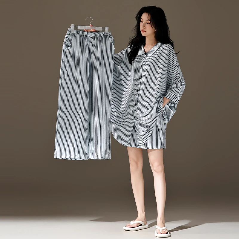 睡衣女款爆款2025新款春秋款七分袖女士家居服三件套夏季外出可穿