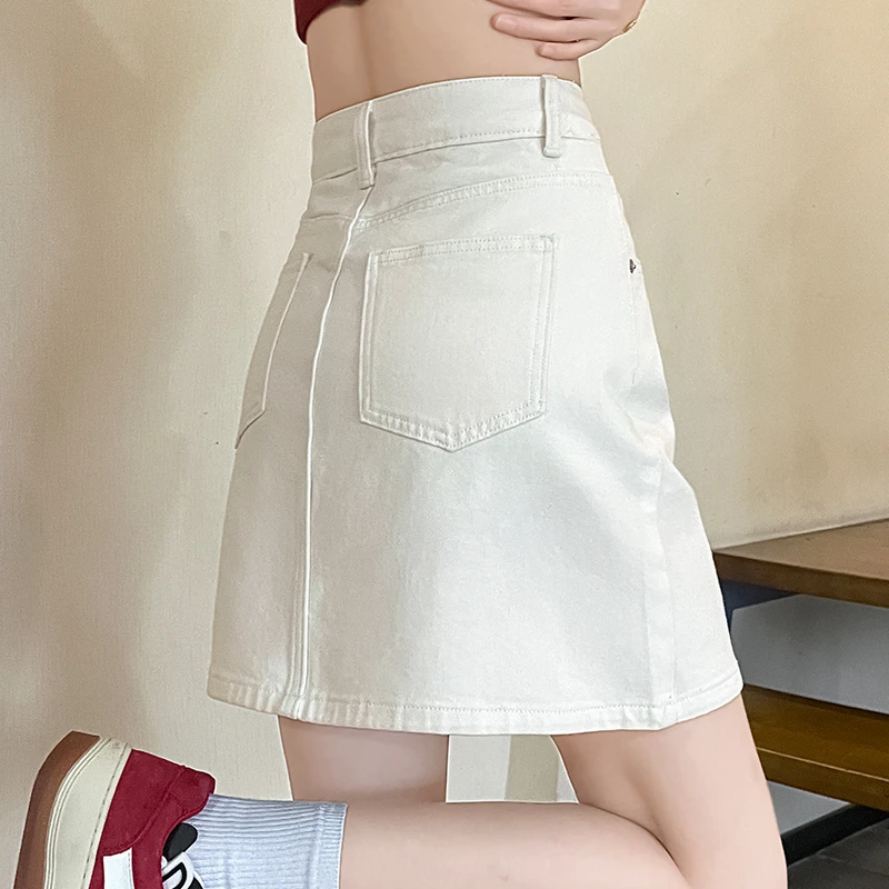 蜜蜜穿搭米白色牛仔半身裙女夏季薄款高腰a字梨型防走光包臀短裙