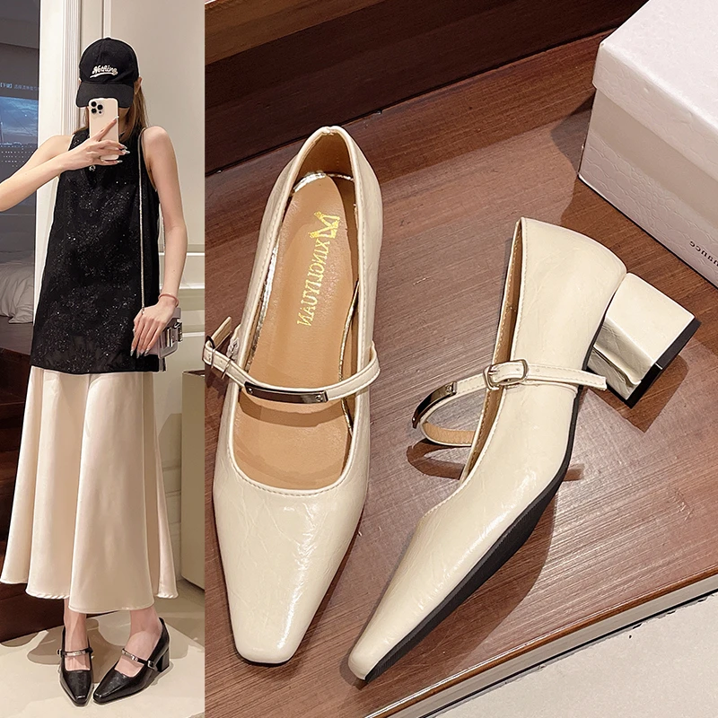 单鞋百搭粗跟高跟方头中跟跟鞋女鞋气质时尚夏季真皮复古春季法式