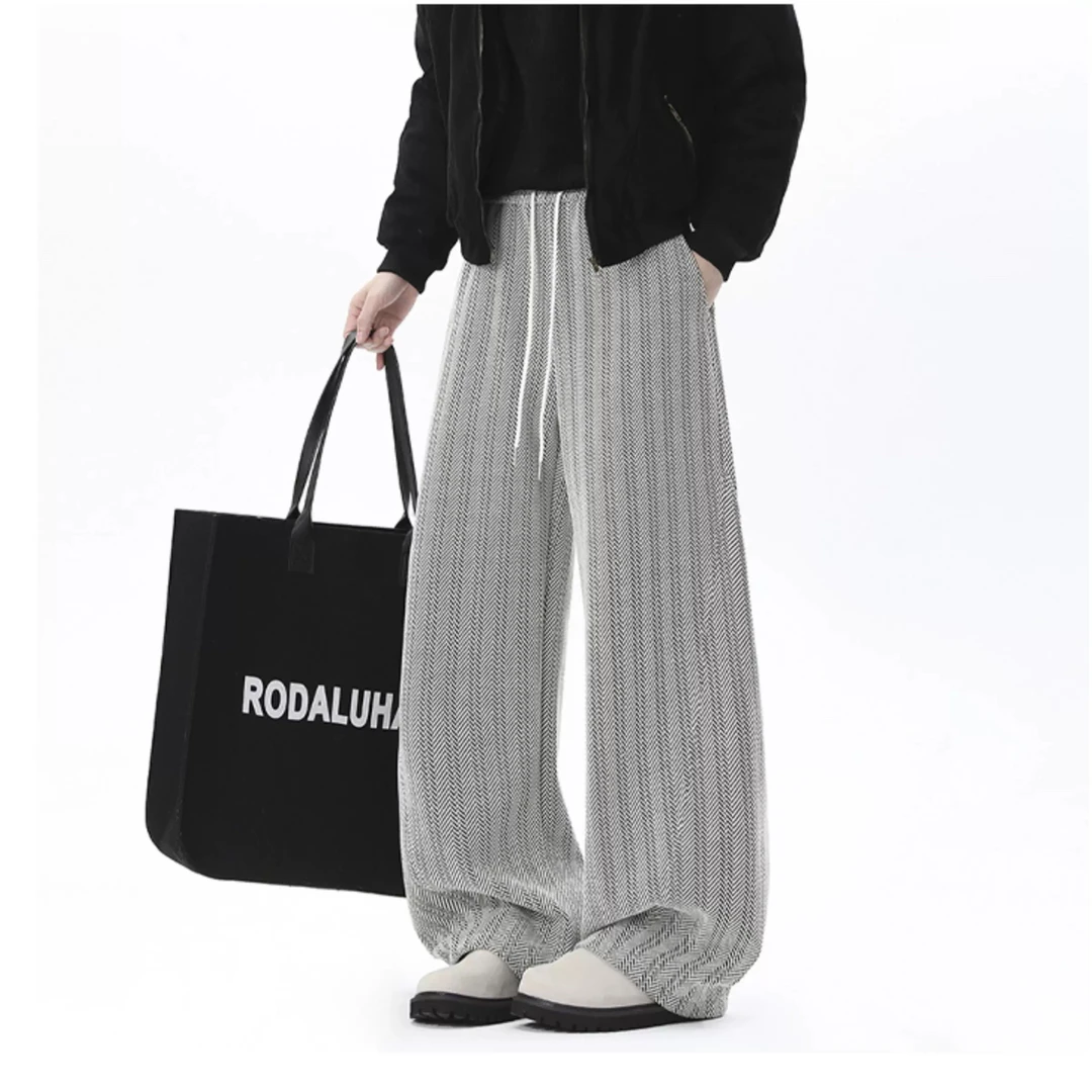 9095复古简约设计感加绒加厚卫裤男冬季宽松休闲裤垂感黑色长裤子