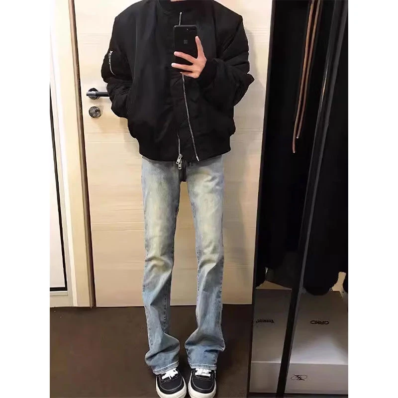 浅蓝色弯刀微喇牛仔裤男秋季cleanfit穿搭裤子美式高街vibe微喇裤