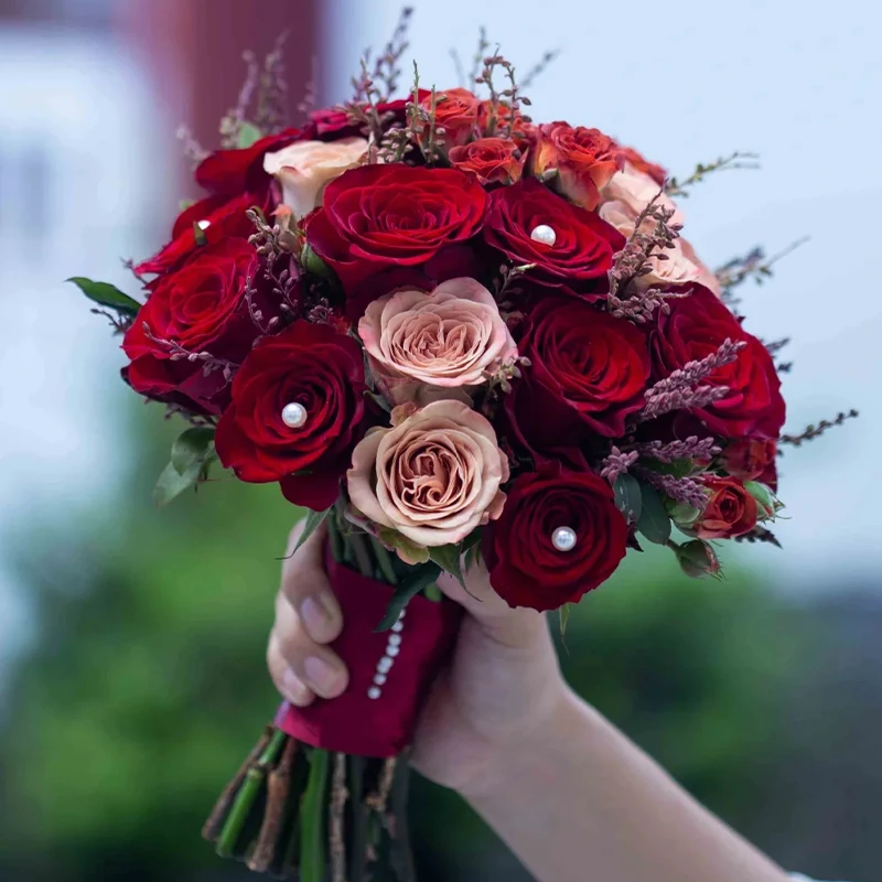 【永结同心】25枝红玫瑰卡布玫瑰混搭新娘手捧花结婚拍照领证同城鲜花店送花上门