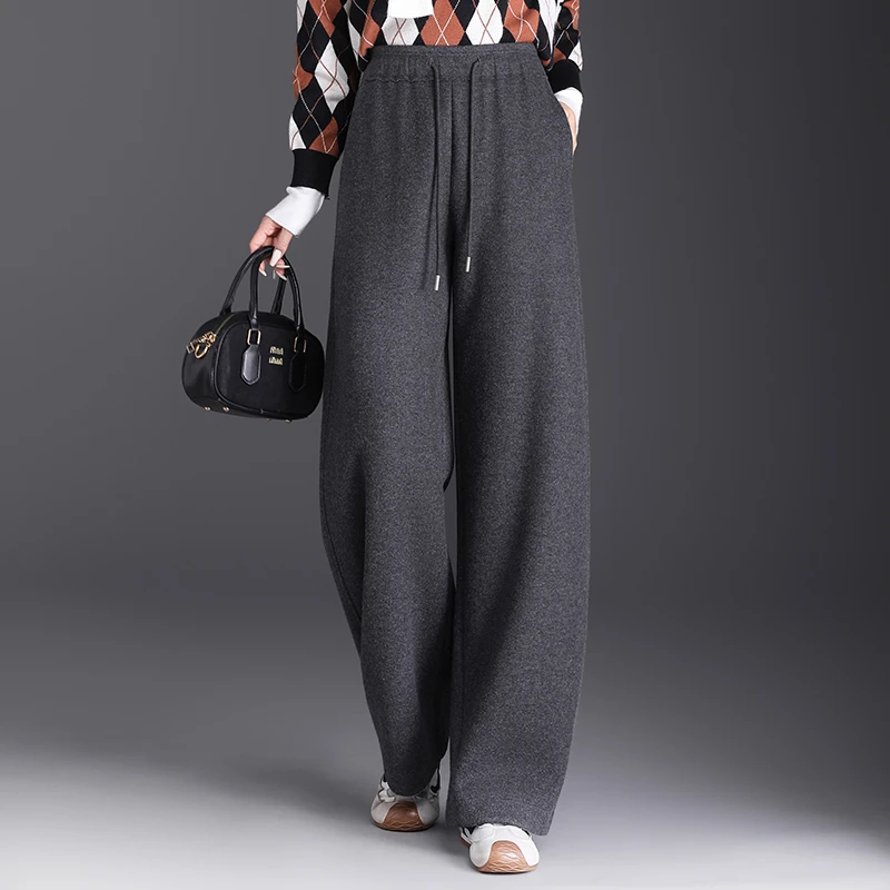 正品高端新款2025秋冬羊毛呢阔腿裤女百搭垂感休闲显瘦直筒长裤子