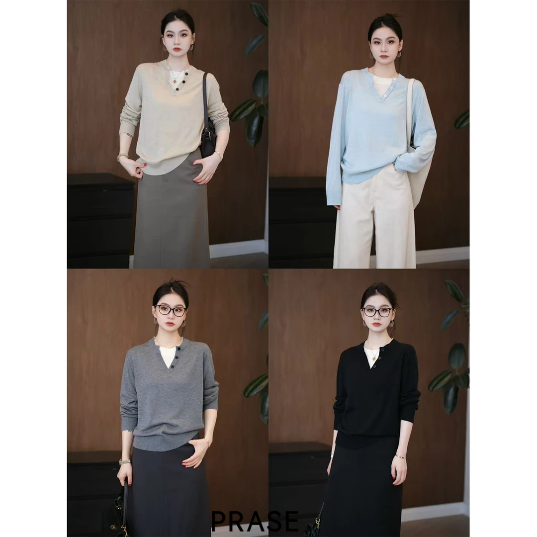 PRASE·噜【温柔简讯】微胖轻奢设计款秋羊毛假两件毛针织衫PR508E07