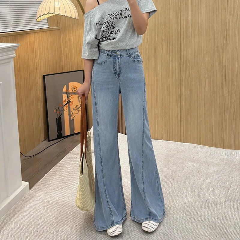 25491#弹力天丝宽松直筒牛仔裤女高腰显瘦破骨减龄喇叭长裤夏季