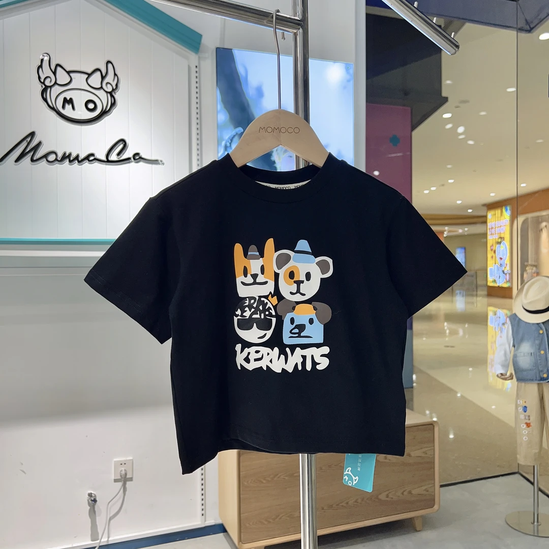 MOMOCO夏季韩版时尚卡通小狗黑色T恤休闲圆领77280235024