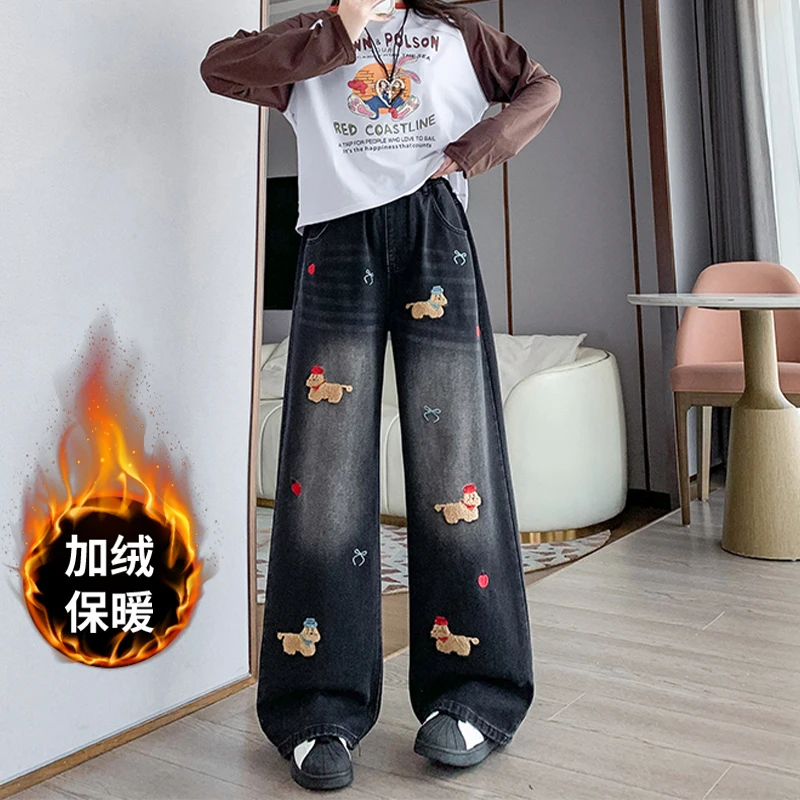 秋冬加绒胖mm大码牛仔裤松紧腰黑色阔腿裤卡通刺绣直筒拖地裤学生