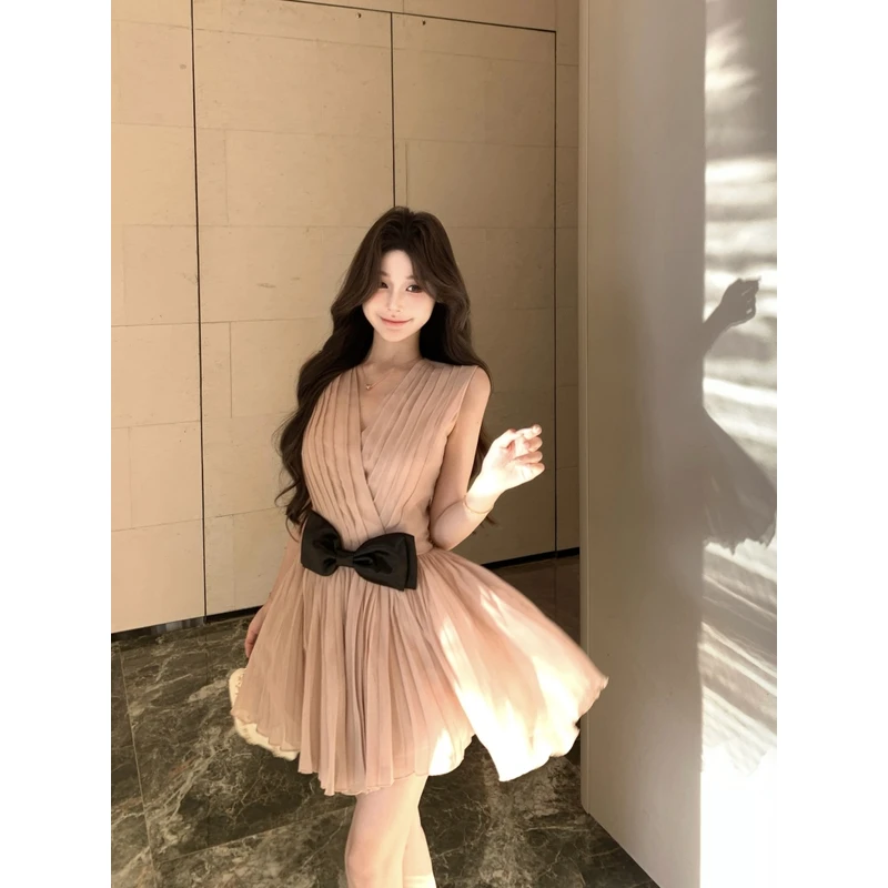 法式少女感蝴蝶结印花V领连衣裙女夏季气质收腰显瘦A字连衣裙新款