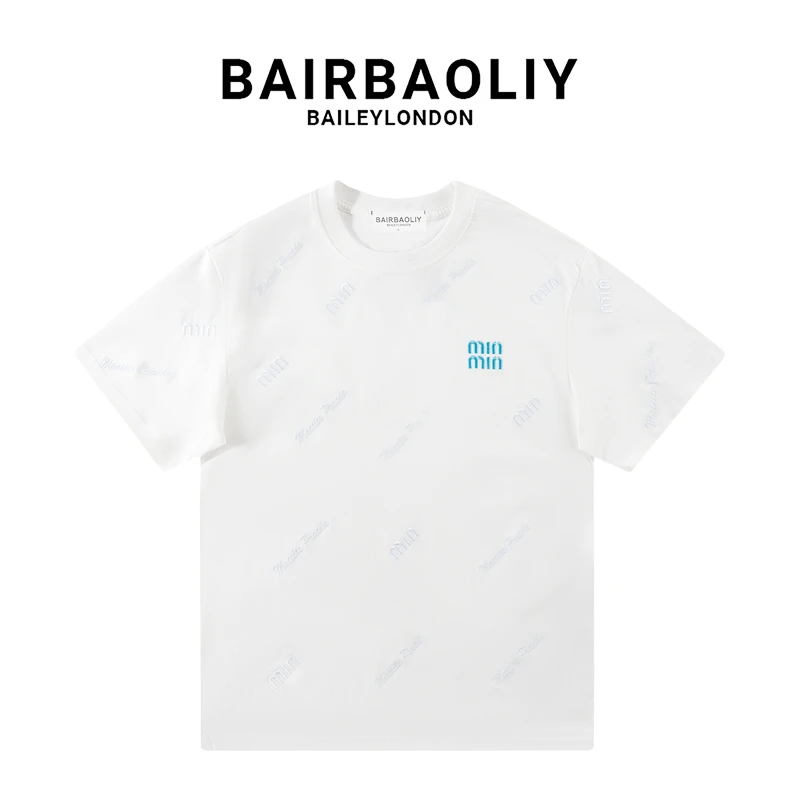 BAIRBAOLIY高品质大牌质感刺绣LOGO满字母微宽松简约时尚短袖T恤