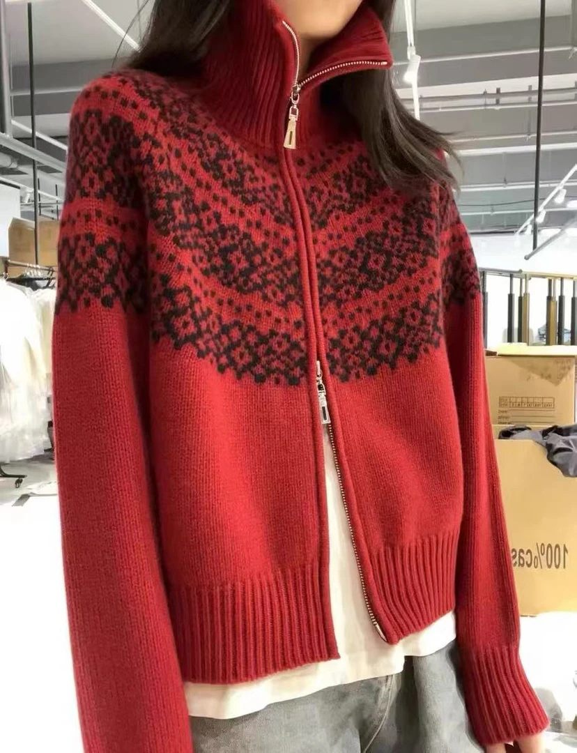 100%山羊绒开衫翻领拉链针织外套毛衣