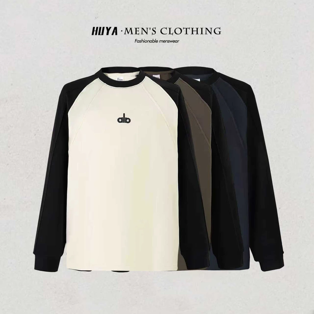 虎牙兄弟秋冬撞色卫衣炽芯双面德绒字母刺绣保暖圆领打底男 Z6320