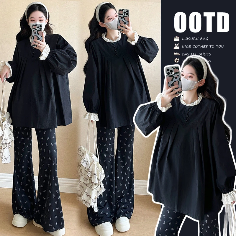 2025春季新款韩版显瘦衬衫娃娃领蕾丝拼接+喇叭裤孕妇套装两件套