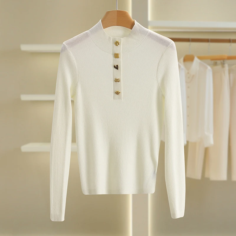 【伍莎-自营】装饰扣修身纯色百搭毛衫#RYB48M031