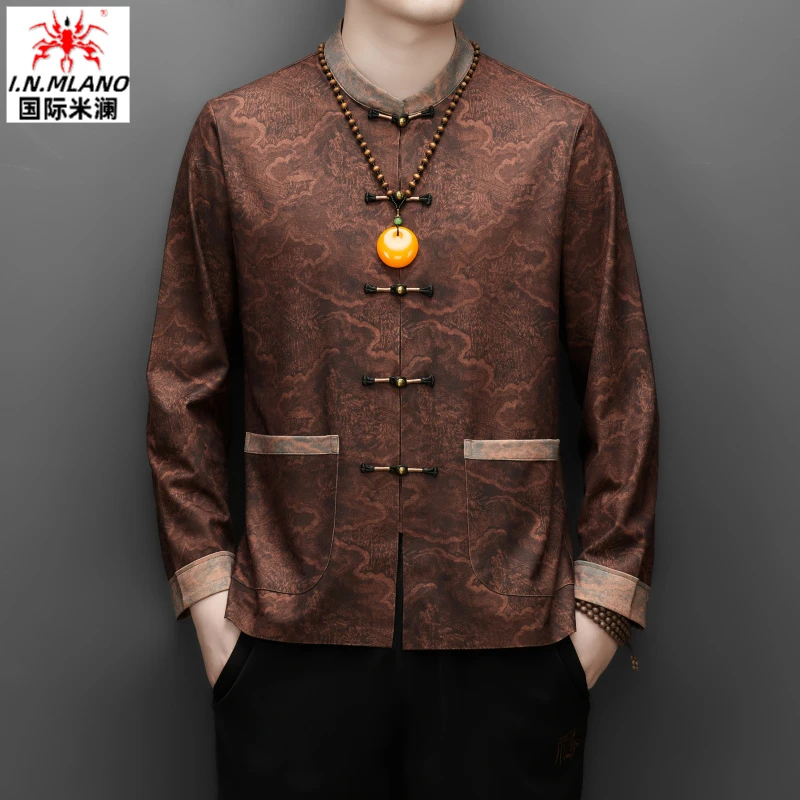 无痕羊绒桑蚕丝混纺国风衬衫春秋唐装长袖男复古盘扣爸爸衬衣套装