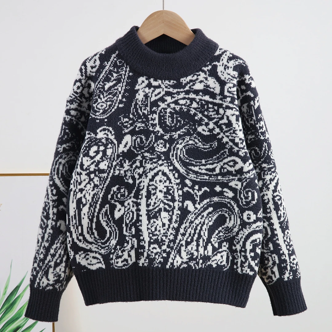 男童毛衣冬季秋冬加厚款2025新款圆领绒中大童儿童时尚保暖复古花