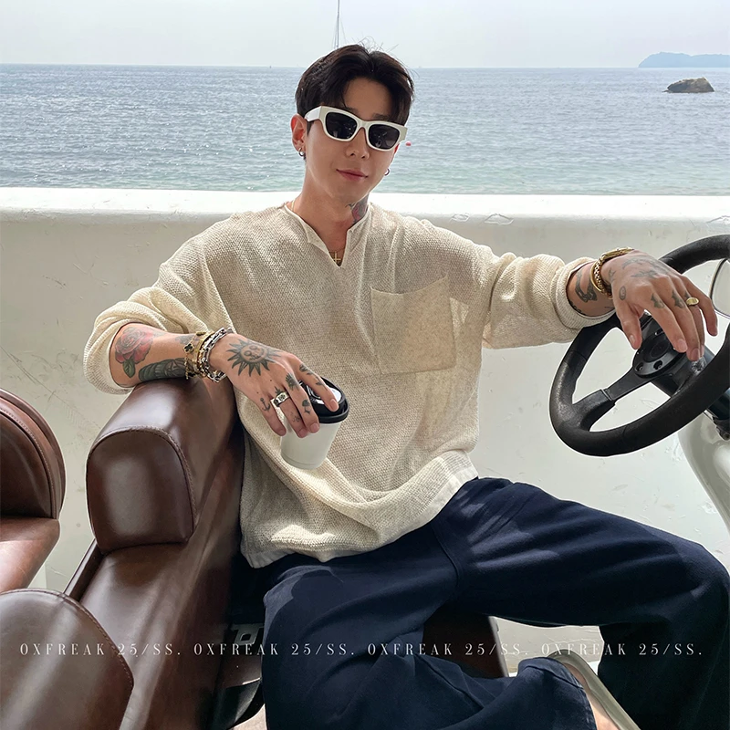 OXFREAK「天丝亚麻混纺」老钱风v领长袖t恤男夏季薄款防晒打底衫
