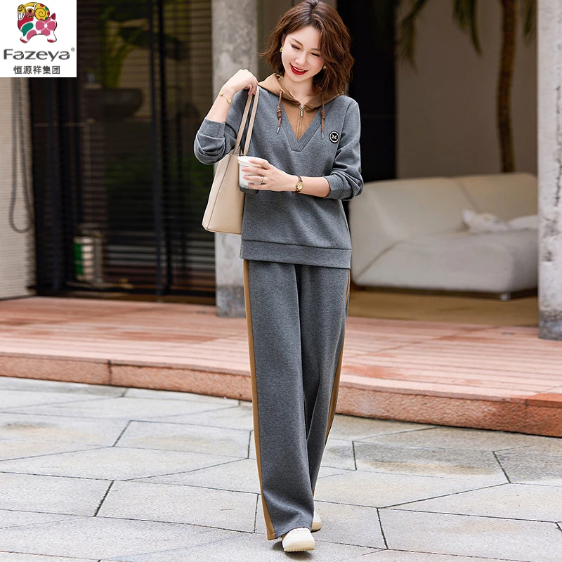 恒源祥彩羊跨境拼色休闲运动服妈妈套装秋冬季新款时尚洋气中老年