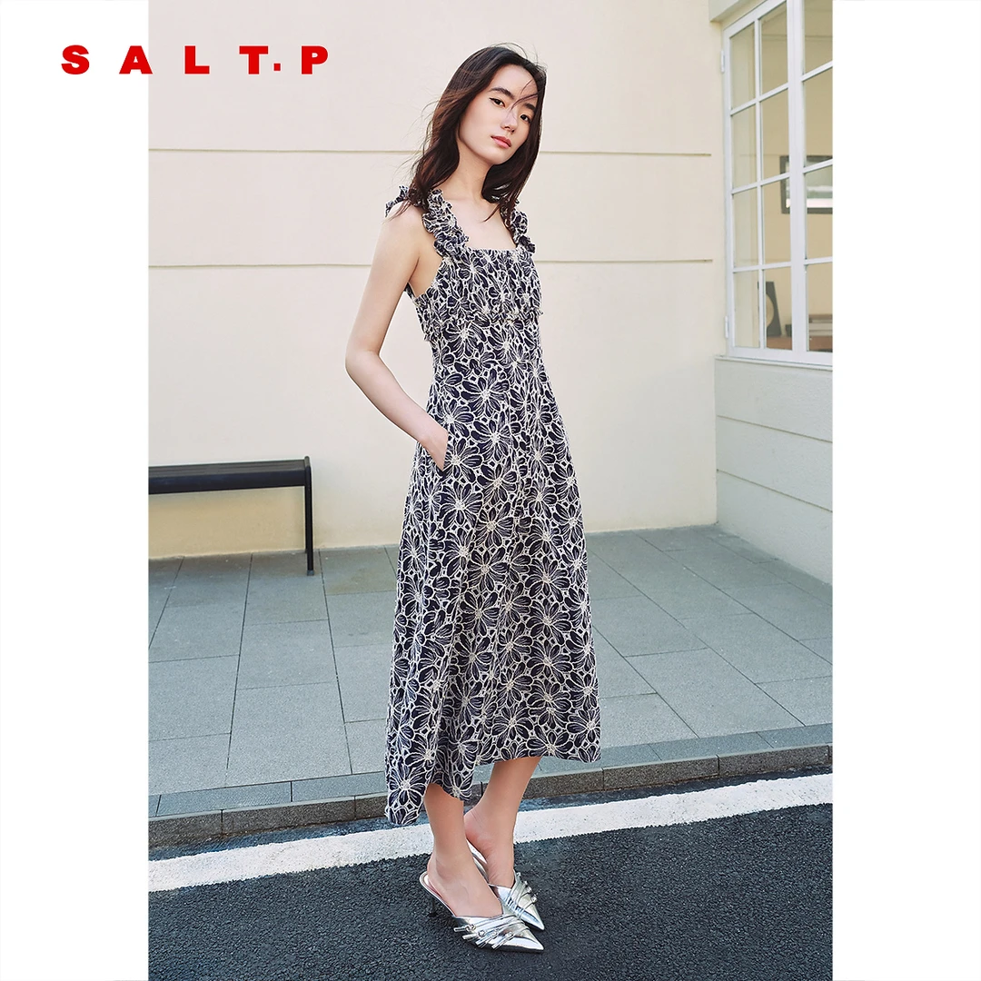 SALT.P可颜法式刺绣花朵吊带连衣裙度假风长裙2025夏季新款