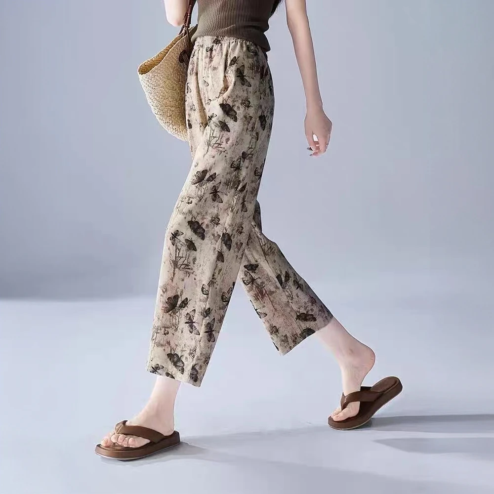 复古蝴蝶印花棉麻哈伦裤女夏季薄款凉感透气松紧腰显瘦九分休闲裤