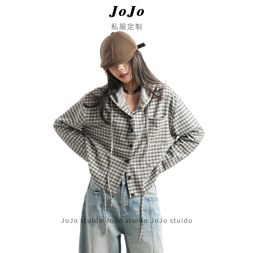 JOJO【摩登格子】格子连帽长袖宽松衬衫上衣