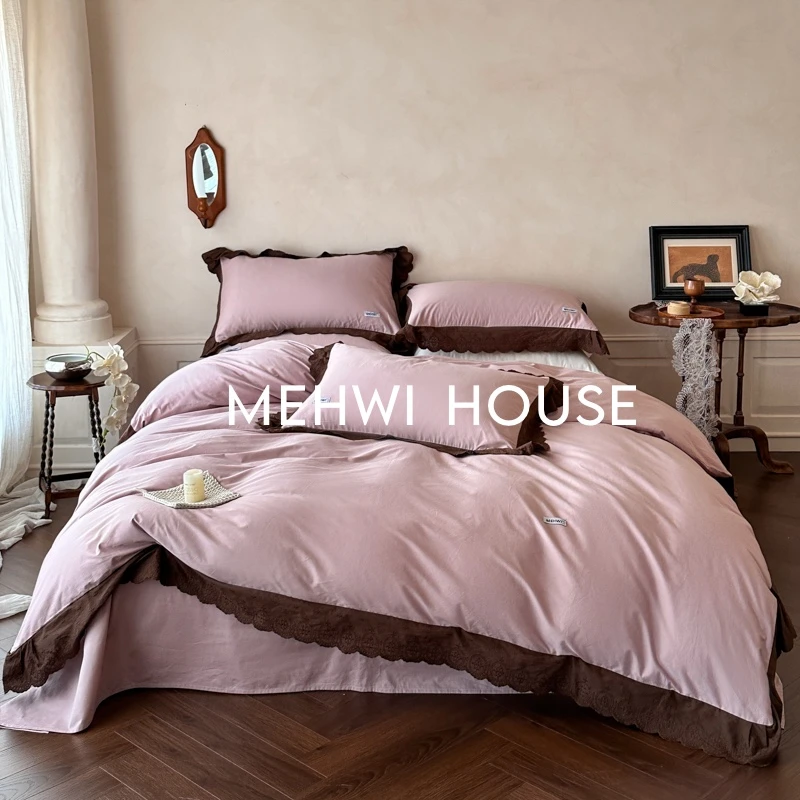 【MEHWI】新款全棉法式蕾丝边高级感美式纯色轻奢花边纯棉四件套
