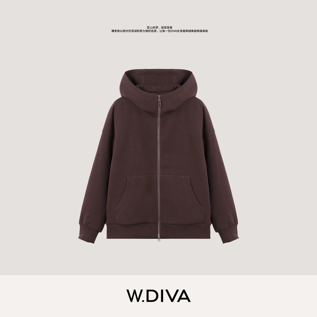W.Diva【乌夜】空气感三防连帽卫衣款90白鹅拉链羽绒服女54C223128