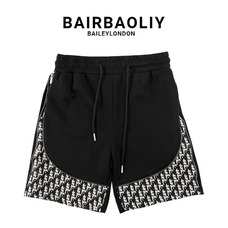 BAIRBAOLIY字母提花大牌质感拉链休闲拼接短裤直筒抽绳五分裤男装