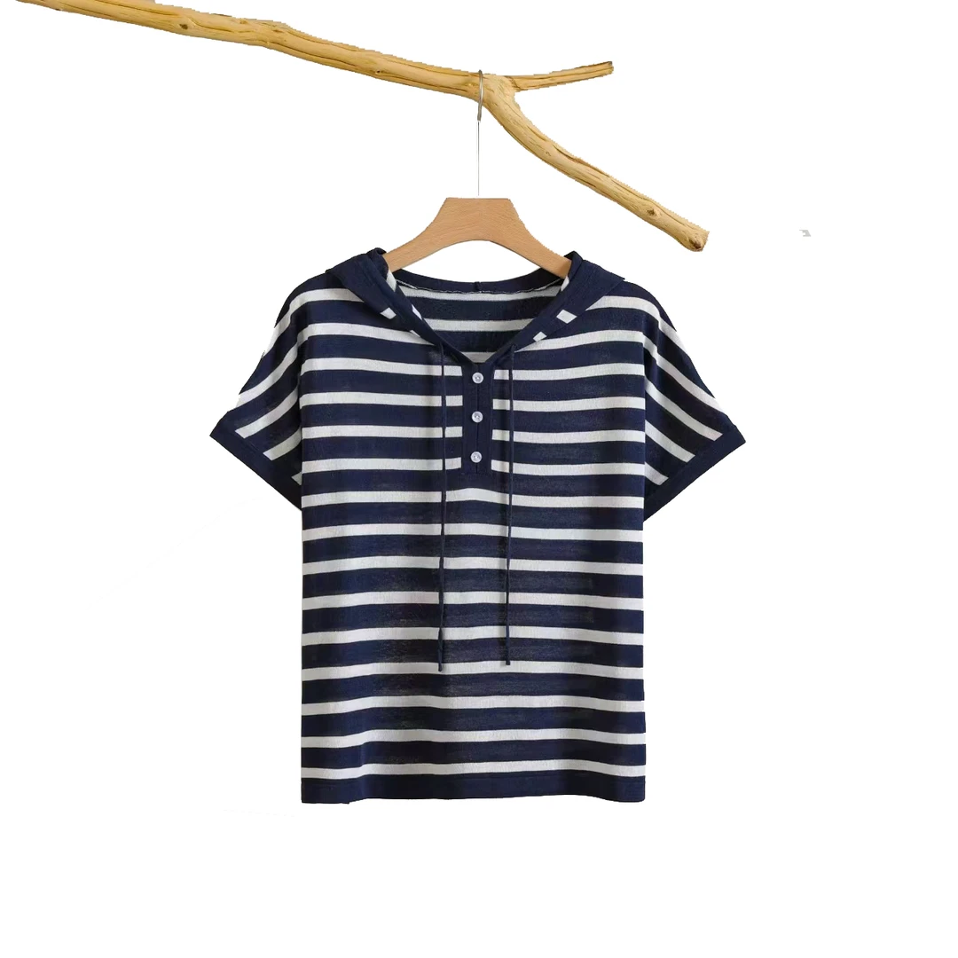 夏季新款傭懒风撞色条纹短袖连帽薄款减龄宽松休闲百搭卫衣T恤