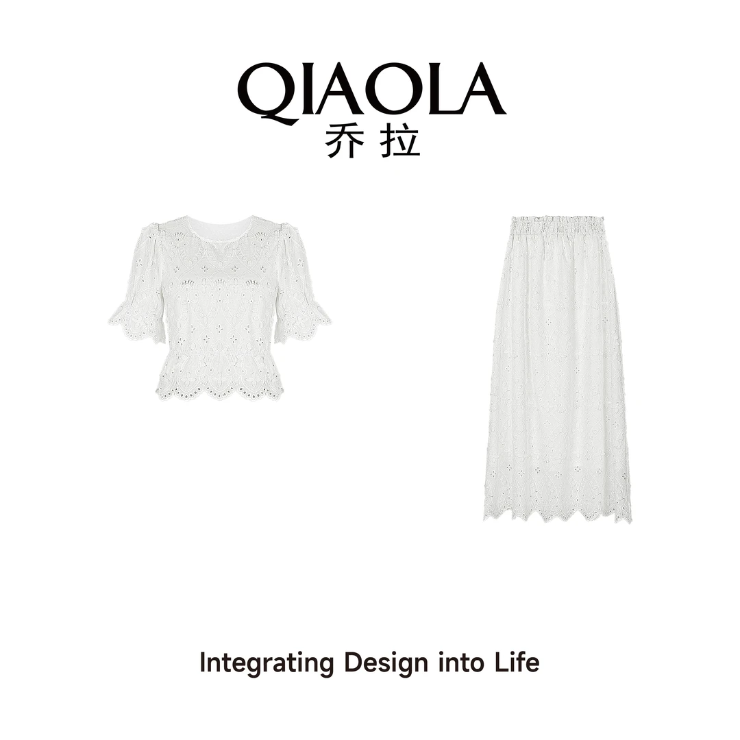 QIAOLA/乔拉【酣睡甜梦】夏季梭织绣花圆领减龄A版上衣半裙套装预售