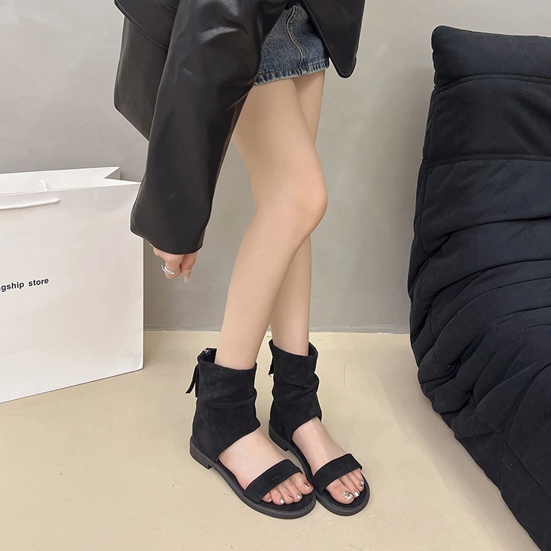 复古平底休闲小众设计感罗马凉鞋女夏季新款韩版一字带后拉链凉靴