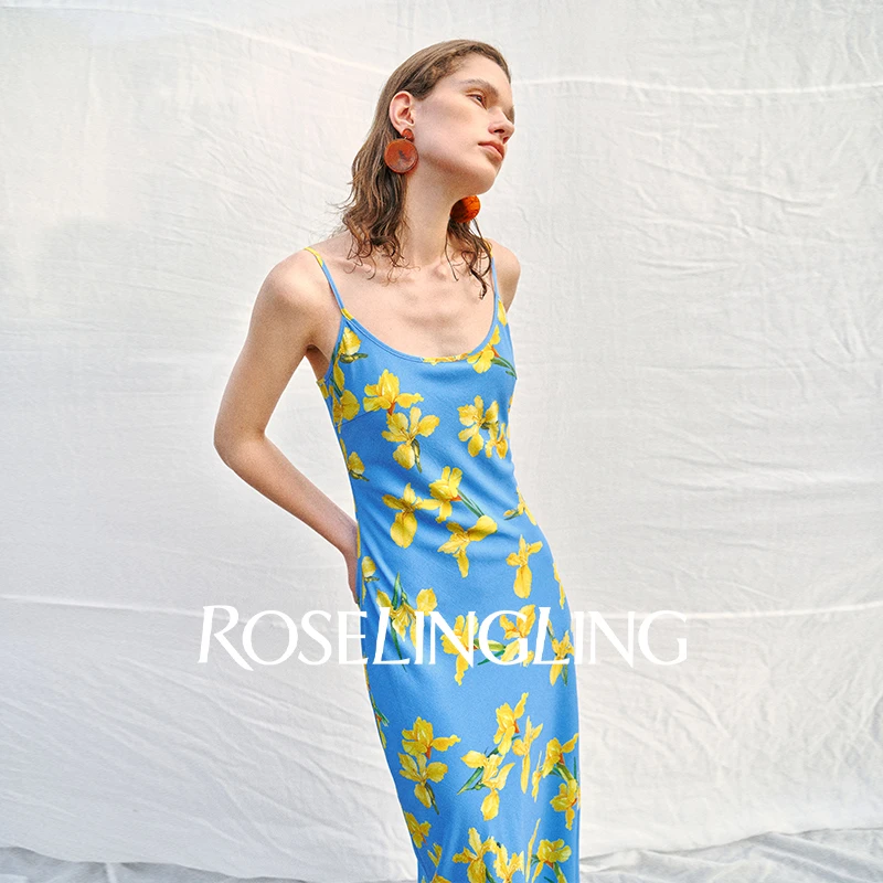 Roselingling原创印象单品满印初夏·鸢尾印花复古度假吊带连衣裙