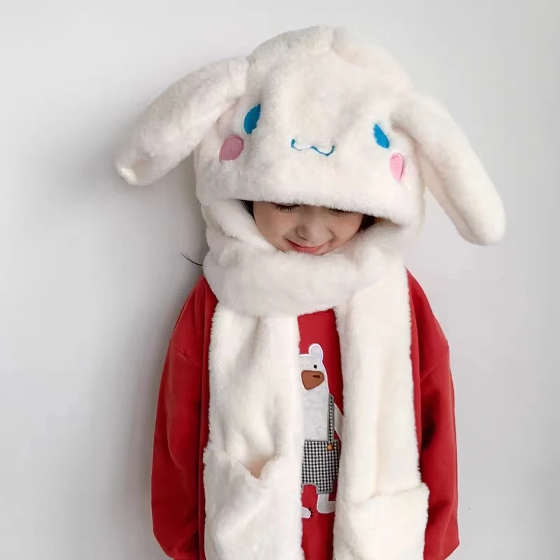 耳朵会动的可爱玉桂狗围巾手套一体女秋冬季毛绒帽子保暖三件套