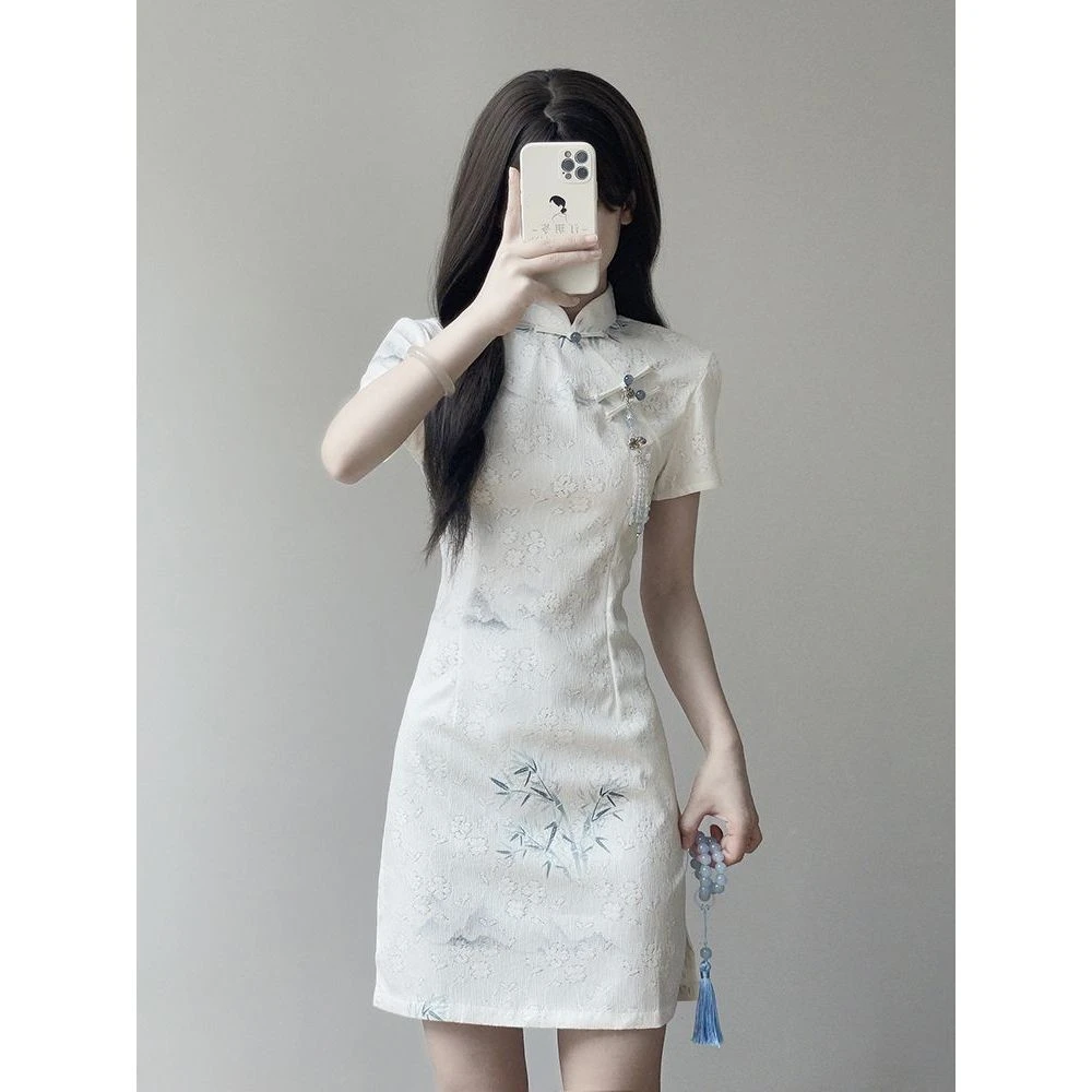 气质小个子夏季少女复古中国风显瘦短款收腰修身小众印花日常设计