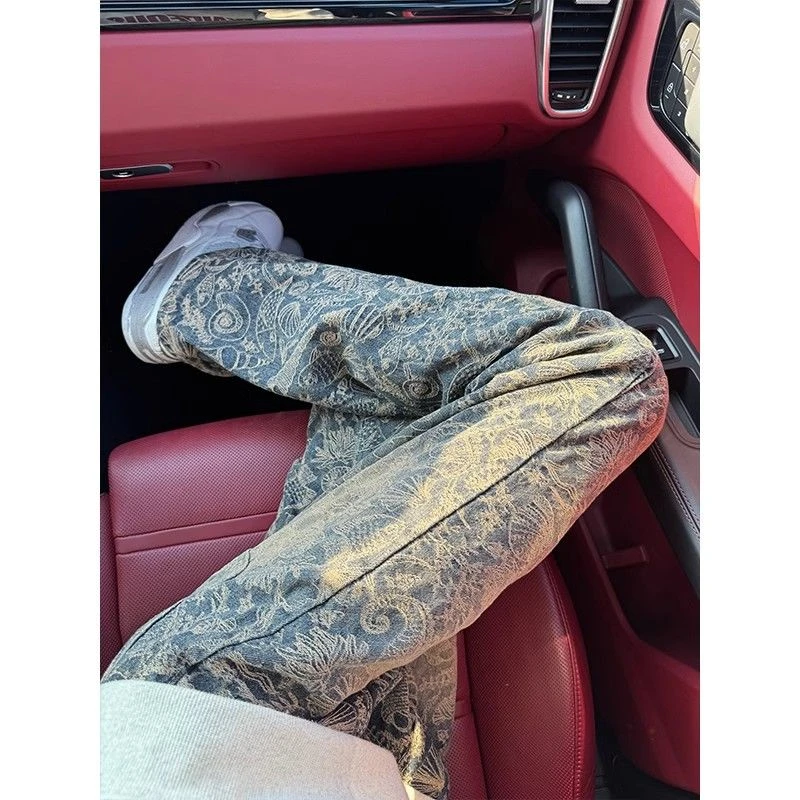 美式复古满印提花牛仔裤子男款春夏季cleanfit修身显瘦直筒微喇裤