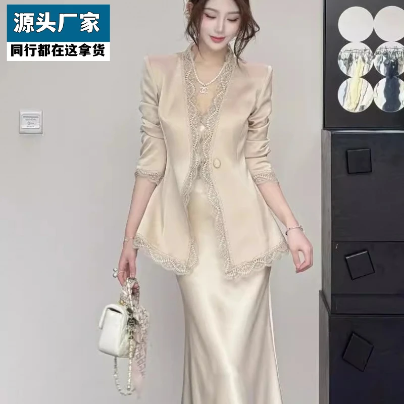 梵乐芬2025时尚气质拼接蕾丝长袖外套半身裙两件套女春季新款通勤